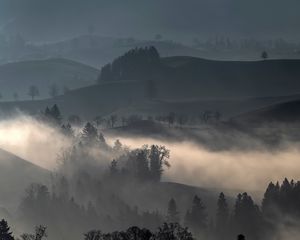 Preview wallpaper hills, fog, trees, landscape, nature