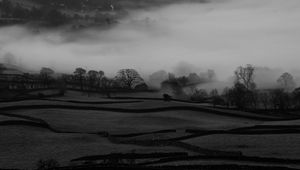 Preview wallpaper hills, fog, trees, bw, landscape