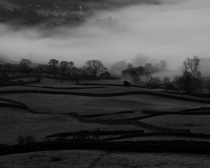 Preview wallpaper hills, fog, trees, bw, landscape