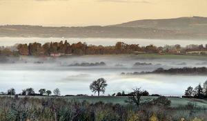 Preview wallpaper hills, fog, trees, aerial view, landscape