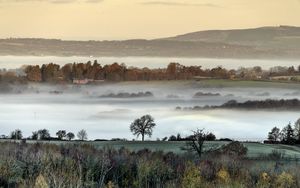 Preview wallpaper hills, fog, trees, aerial view, landscape