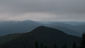 Preview wallpaper hills, forest, trees, fog, spruce