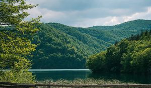 Preview wallpaper hills, forest, trees, lake, bridge, landscape
