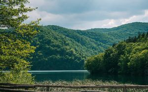 Preview wallpaper hills, forest, trees, lake, bridge, landscape