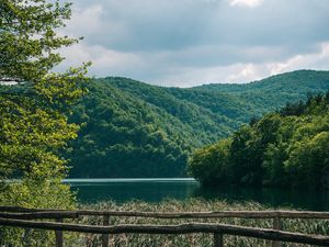 Preview wallpaper hills, forest, trees, lake, bridge, landscape