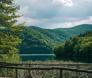 Preview wallpaper hills, forest, trees, lake, bridge, landscape