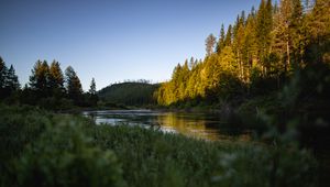Preview wallpaper hills, forest, trees, lake, landscape, nature
