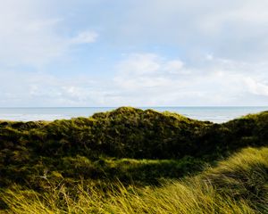 Preview wallpaper hills, grass, coast, sea