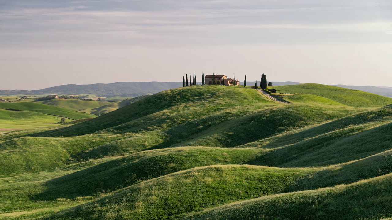 Wallpaper hills, grass, house, trees, nature