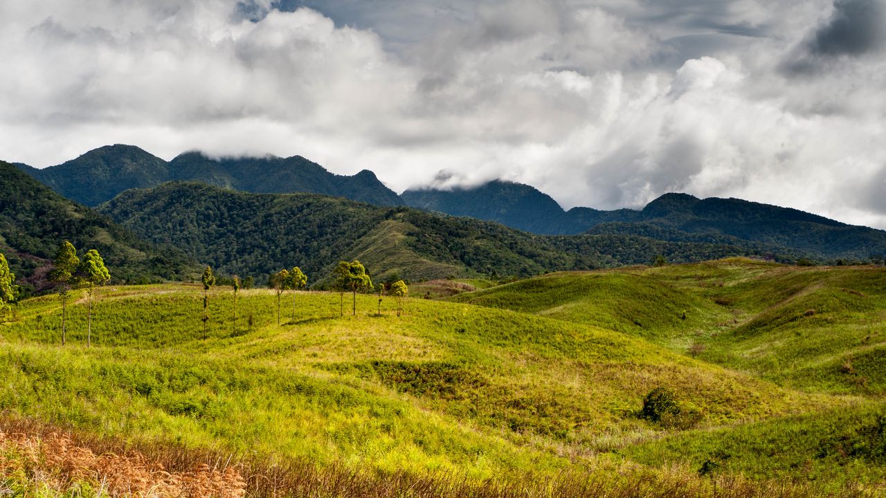 Wallpaper hills, grass, mountains, clouds, sky