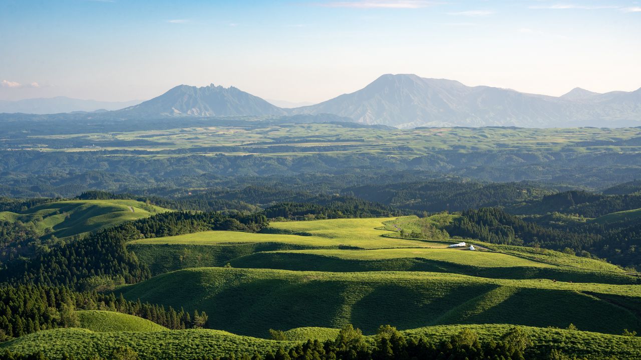 Wallpaper hills, grass, mountains, trees, landscape