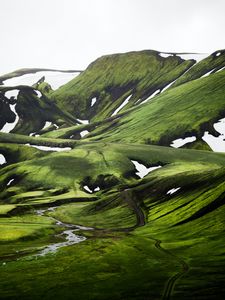 Preview wallpaper hills, grass, peaks, snow, snowy