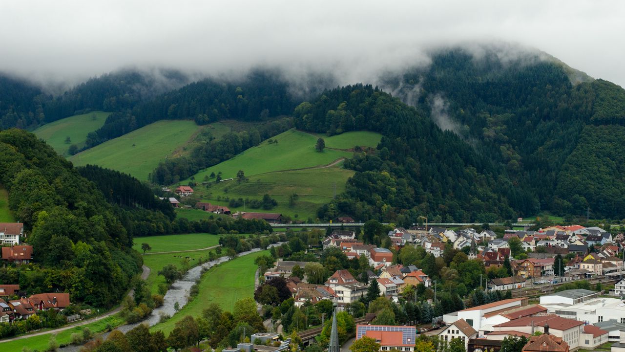 Wallpaper hills, houses, buildings, forest, clouds