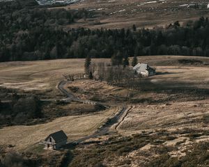 Preview wallpaper hills, houses, trees, aerial view, nature