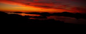 Preview wallpaper hills, islands, silhouettes, river, sunrise, dark