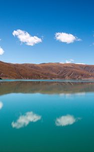 Preview wallpaper hills, lake, reflection, clouds