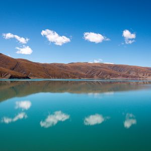 Preview wallpaper hills, lake, reflection, clouds