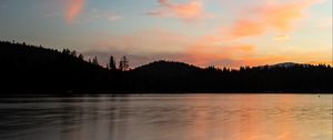 Preview wallpaper hills, lake, sunset, sky, clouds
