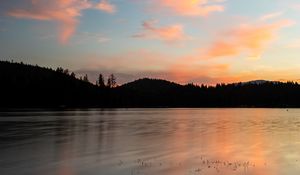 Preview wallpaper hills, lake, water, evening, sunset