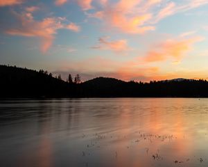 Preview wallpaper hills, lake, water, evening, sunset