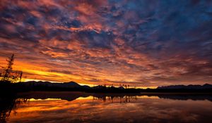 Preview wallpaper hills, lake, water, sunset, evening