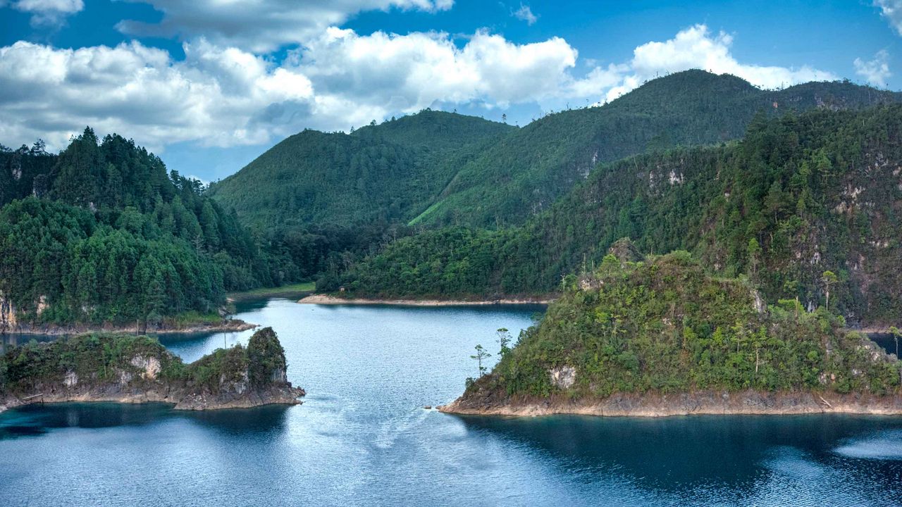 Wallpaper hills, lake, water, trees, nature, landscape