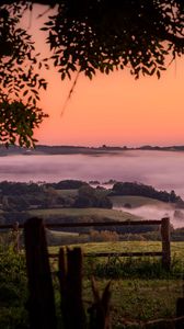 Preview wallpaper hills, landscape, fog, nature, branches