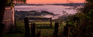 Preview wallpaper hills, landscape, fog, nature, branches