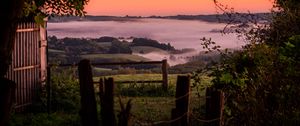 Preview wallpaper hills, landscape, fog, nature, branches