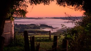 Preview wallpaper hills, landscape, fog, nature, branches