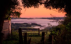 Preview wallpaper hills, landscape, fog, nature, branches