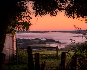 Preview wallpaper hills, landscape, fog, nature, branches