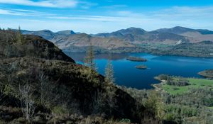 Preview wallpaper hills, landscape, lake, mountains, trees, nature