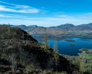 Preview wallpaper hills, landscape, lake, mountains, trees, nature