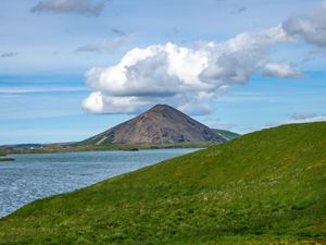 Preview wallpaper hills, landscape, mountain, sea, flowers