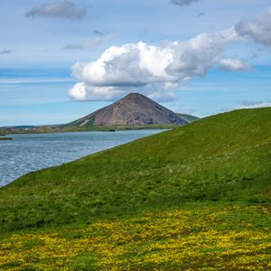 Preview wallpaper hills, landscape, mountain, sea, flowers