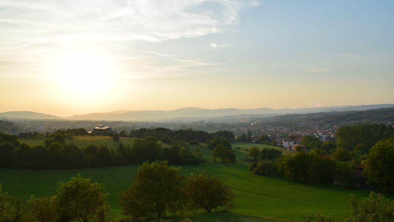 Wallpaper hills, meadows, trees, landscape, building