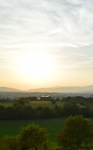 Preview wallpaper hills, meadows, trees, landscape, building