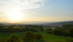 Preview wallpaper hills, meadows, trees, landscape, building