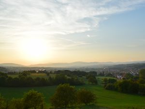 Preview wallpaper hills, meadows, trees, landscape, building