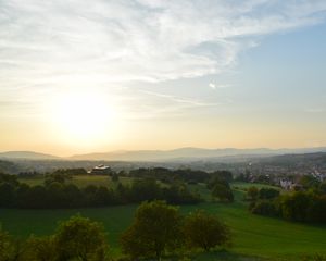 Preview wallpaper hills, meadows, trees, landscape, building