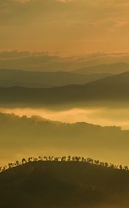 Preview wallpaper hills, mountains, fog, clouds, trees, sky