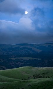 Preview wallpaper hills, mountains, grass, moon, night, nature