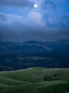 Preview wallpaper hills, mountains, grass, moon, night, nature