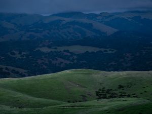 Preview wallpaper hills, mountains, grass, moon, night, nature