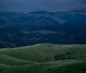 Preview wallpaper hills, mountains, grass, moon, night, nature