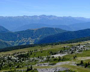 Preview wallpaper hills, mountains, greenery, trees, nature, landscape