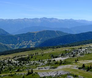 Preview wallpaper hills, mountains, greenery, trees, nature, landscape