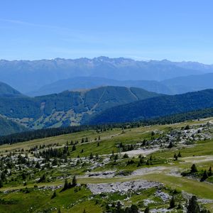 Preview wallpaper hills, mountains, greenery, trees, nature, landscape