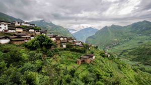 Preview wallpaper hills, mountains, houses, trees